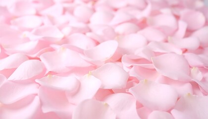 A delicate, soft-focus close-up showcases numerous pink rose petals scattered across a surface, creating a serene, floral composition