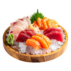 A wooden bowl holds an array of artfully arranged, colorful raw fish sashimi on ice