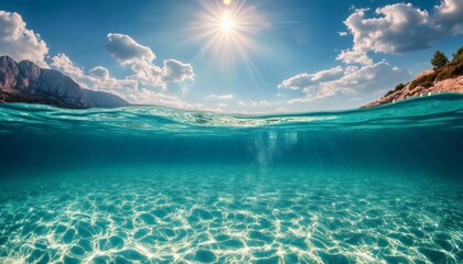 The illustration shows a split view of a sunny seascape, with the upper half depicting a bright sky and mountains, and the lower half showing the underwater scene with visible seabed.