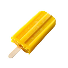 A vibrant yellow frozen treat on a wooden stick, partially eaten against a black background