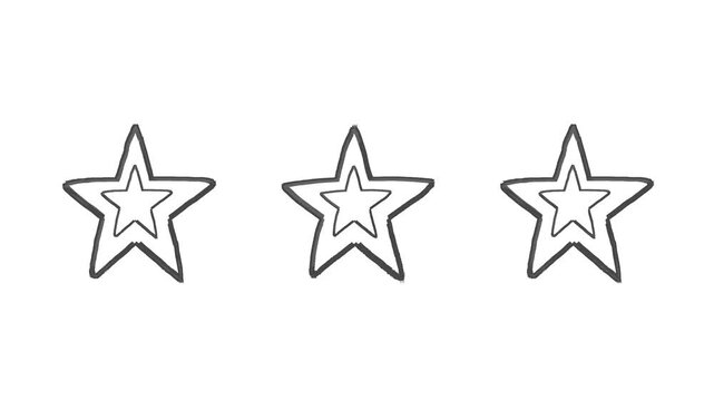 Five simple hand-drawn black outline stars appear one by one from left to right on a clean white background, ideal for rating animations, loading sequences, bullet point reveals, or decorative transit