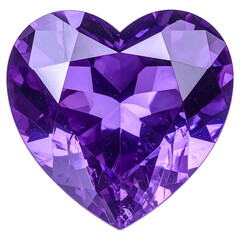 A heart-shaped, faceted gemstone of brilliant purple hue, sparkling against a black backdrop