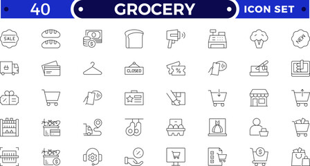 Grocery shopping outline icon set. Includes basket, cart, food, fish, meat, fruit, vegetable, cheese, and drink symbols. Modern retail, store, and supermarket outline icons for business design.