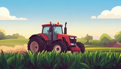 Fototapeta premium A red tractor with large tires drives across a grassy field under a partly cloudy sky; the tractor kicks up dust as it moves.
