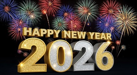 Happy New Year 2026 with Golden and Silver Numbers and Colorful Fireworks Display.