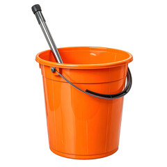 A bright orange plastic bucket with a black handle and a silver-handled scoop inside