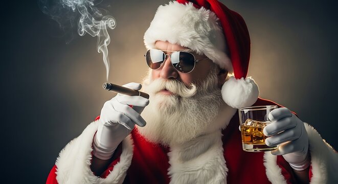 Santa claus christmas holiday celebration festive season december winter cigar whiskey cool sunglasses