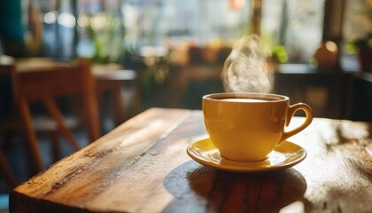 A yellow coffee cup with steam rising from it rests on a rustic wooden table, with a blurry cafe background visible through a window.