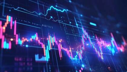 The illustration shows a digital display screen with various financial charts, graphs, and data points represented by lines and bars in shades of blue and pink.