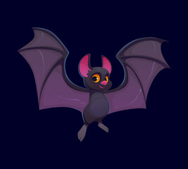 Cartoon Halloween flying bat character with spread wings, pink nose and big glowing eyes, vector personage. Halloween horror night holiday spooky monster vampire bat cartoon character with funny face