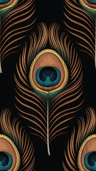 Detailed peacock feather eye pattern on black background