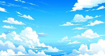 Fotobehang Blauw Summer anime manga sky vector background with fluffy white clouds scattered in layers. Cartoon anime manga comic or game nature landscape of bright sunny day blue sky with shiny white cumulus clouds  © Seavector