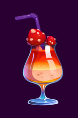 Halloween holiday cocktail drink with amanita mushrooms, cartoon vector glass cup. Halloween horror night and trick or treat party spooky cocktail elixir or magic potion with poisonous witch mushrooms