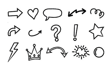 Hand-drawn doodle arrow set with sketch icons including heart star crown bubble cloud and minimal creative graphic elements