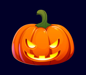 Cartoon carved Halloween pumpkin with glowing yellow eyes and an evil grin. Spooky scary and festive jack o lantern with smiling glowing face. Spooky decor for autumn holidays, grinning orange gourd