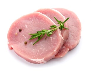 Three raw pork chops with rosemary