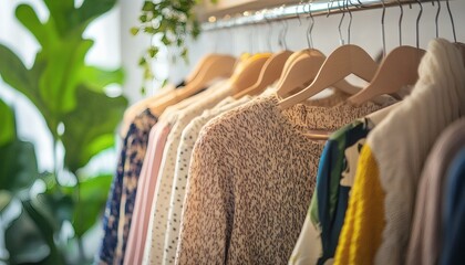 Obraz premium Several articles of clothing, including sweaters and dresses, hang neatly on wooden hangers inside a closet.