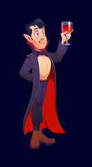 Halloween Dracula cartoon character in classic vampire outfit, vector personage. Halloween horror night holiday character of Dracula with high collar cape and wine glass goblet or blood cup cheers