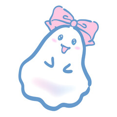 かわいいオバケのキャラクターデザイン「リボンを付けた白色のオバケ」Cute ghost character design "White ghost with ribbon"