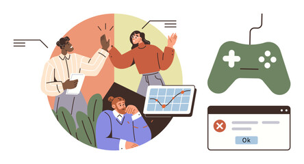 Team collaboration with high fives, data chart analysis on laptop, video game controller, and error dialog box. Ideal for teamwork, gaming, problem-solving, decision-making, analytics productivity
