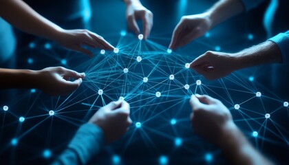 Several hands interact with a digital network, manipulating glowing nodes and lines that represent connections.