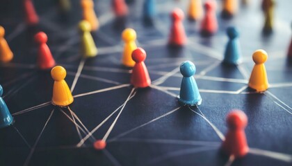 The image shows many colorful game pieces connected together with thin white lines on a dark surface.