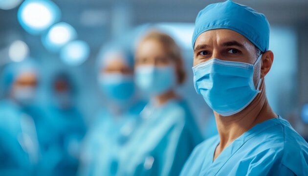 The image shows a male surgeon wearing a blue surgical cap, mask, and scrubs, with two other medical professionals visible behind him, also in blue scrubs and masks.