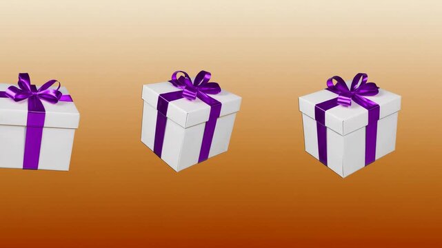 Warm 3D Gift Box Motion Graphic on Orange Gradient Description: Festive 3D white gift boxes decorated with purple ribbons floating against a warm orange and amber gradient. This energetic visual is su