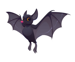 Cute cartoon Halloween bat character with big yellow eyes and pink nose, flying with outstretched wings. Isolated vector personage for spooky decorations, children book illustrations or fantasy games