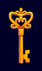 Cartoon Halloween fantasy golden key with a heart shaped frame, vector icon. Medieval key with curled embellishments in antique magical style for Halloween holiday and haunted castle or house lock