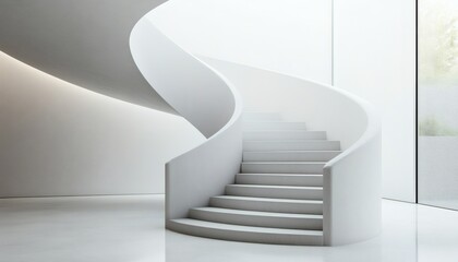 Obraz premium The image shows a contemporary white spiral staircase with a curved balustrade, set against a bright, minimalist interior with a large window.