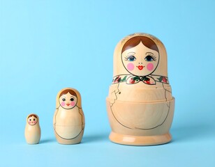 Three wooden nesting dolls on a light blue background