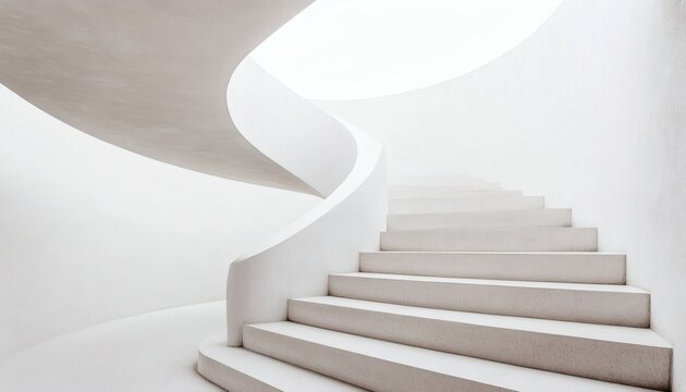 A curving white staircase ascends within a bright, white, minimalist architectural space, lit by an unseen light source.