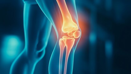 This detailed 3D medical illustration depicts the human knee joint, highlighting its intricate bone structure and ligament connections.