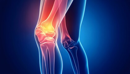 Obraz premium The illustration shows a detailed view of the human knee joint, with highlighted areas indicating potential pain or inflammation.