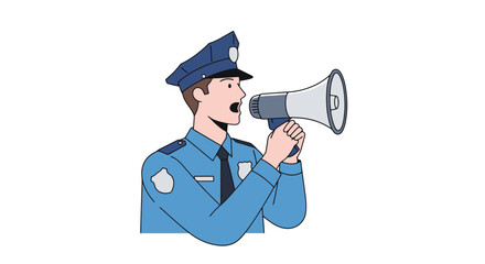 Fototapeta premium Animated Police Officer Announcing with Megaphone for Public Safety and Order, Intended to Illustrate Law Enforcement, Community Guidance, and Emergency Broadcasts