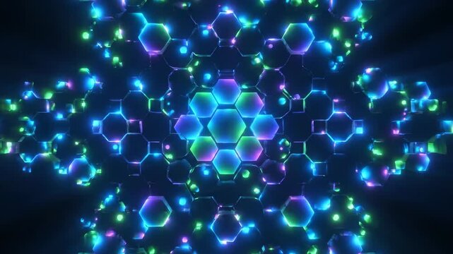 Bright interconnected hexagons pulsate and spread outwards with energetic motion in a seamlessly looping abstract background innovation, bright interconnected hexagons, high-tech