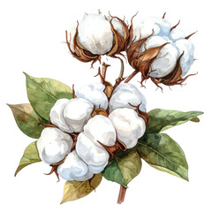 Watercolor illustration of cotton plant with fluffy white bolls and green leaves, against black