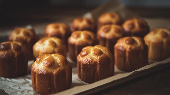 Close up view of freshly baked brioche pastries arranged on parchment paper in a bakery setting