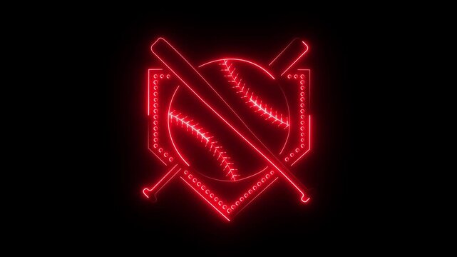 Glowing neon Baseball and bat frame icon isolated on black background. neon baseball softball sport icon simple bat and ball template. Both baseball equipment have a neon glow against 