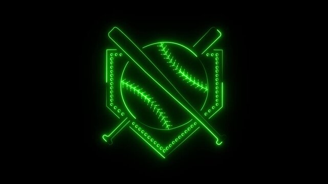 Glowing neon Baseball and bat frame icon isolated on black background. neon baseball softball sport icon simple bat and ball template. Both baseball equipment have a neon glow against 