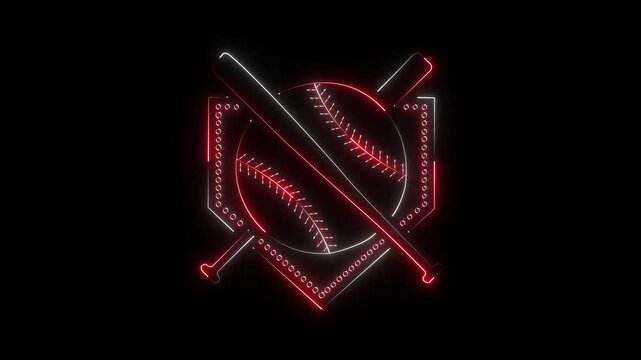 Glowing neon Baseball and bat frame icon isolated on black background. neon baseball softball sport icon simple bat and ball template. Both baseball equipment have a neon glow against 