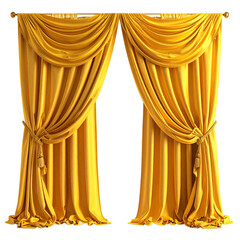 Golden, draped curtains, tied back with tassels, against a black background