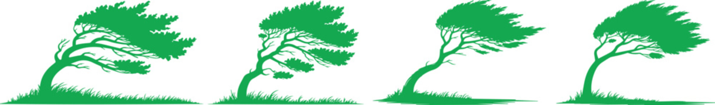 Wind-blown green tree silhouettes symbolizing strength, endurance, and nature&rsquo;s resilience, perfect for environmental design, climate change concepts, natural background art, and eco landscape illustr