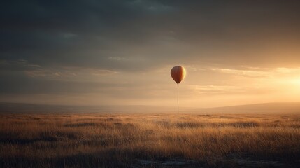Solitary Hot Air Balloon Drifting Above Cloudscape at Sunset, Golden Light.