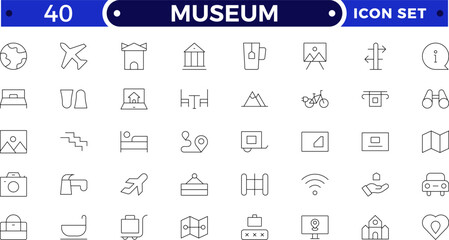 Museum outline icon collection. Includes sculpture, gallery, column, statue, pillar, and artifact symbols. Cultural and historical outline icons for heritage, archaeology, preservation, and education.