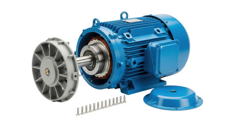 Close-up of a powerful blue electric motor with exposed internal components and cooling fan isloted on transparent background