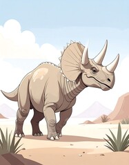 Triceratops illustration in a desert landscape