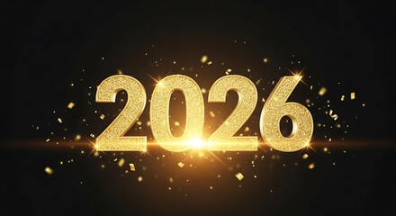 Golden 2026 New Year Celebration Banner with Lights and Confetti.