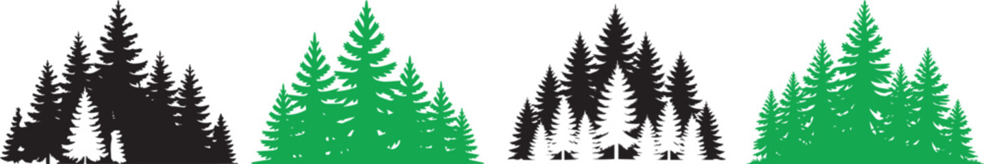 Obraz premium Dense evergreen pine forest silhouettes with natural green trees symbolizing wilderness, mountain landscape, ecology, and adventure, perfect for outdoor design, nature backgrounds, and environmental t